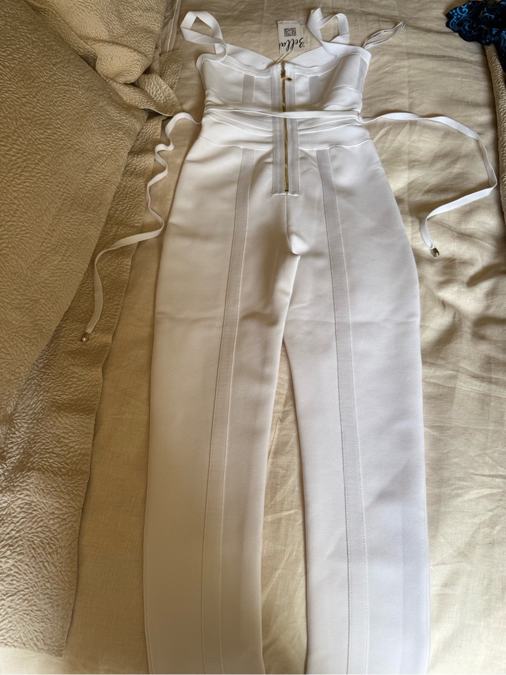 Bella White Skinny Jumpsuit Pants with Drawstring Waist - Picture 2 of 3